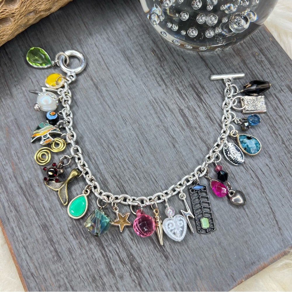 Handmade Maximalist Colorful Charm Silver Tone Bracelet full charm